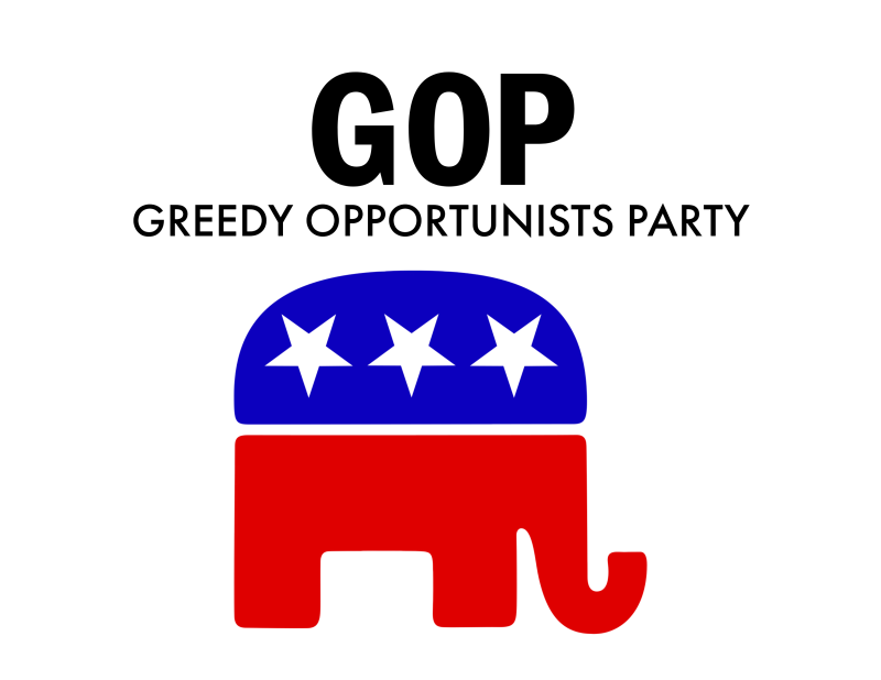 The Republican Party elephant logo modified with the acronym “GOP” above it, redefined as “Greedy Opportunists Party.”