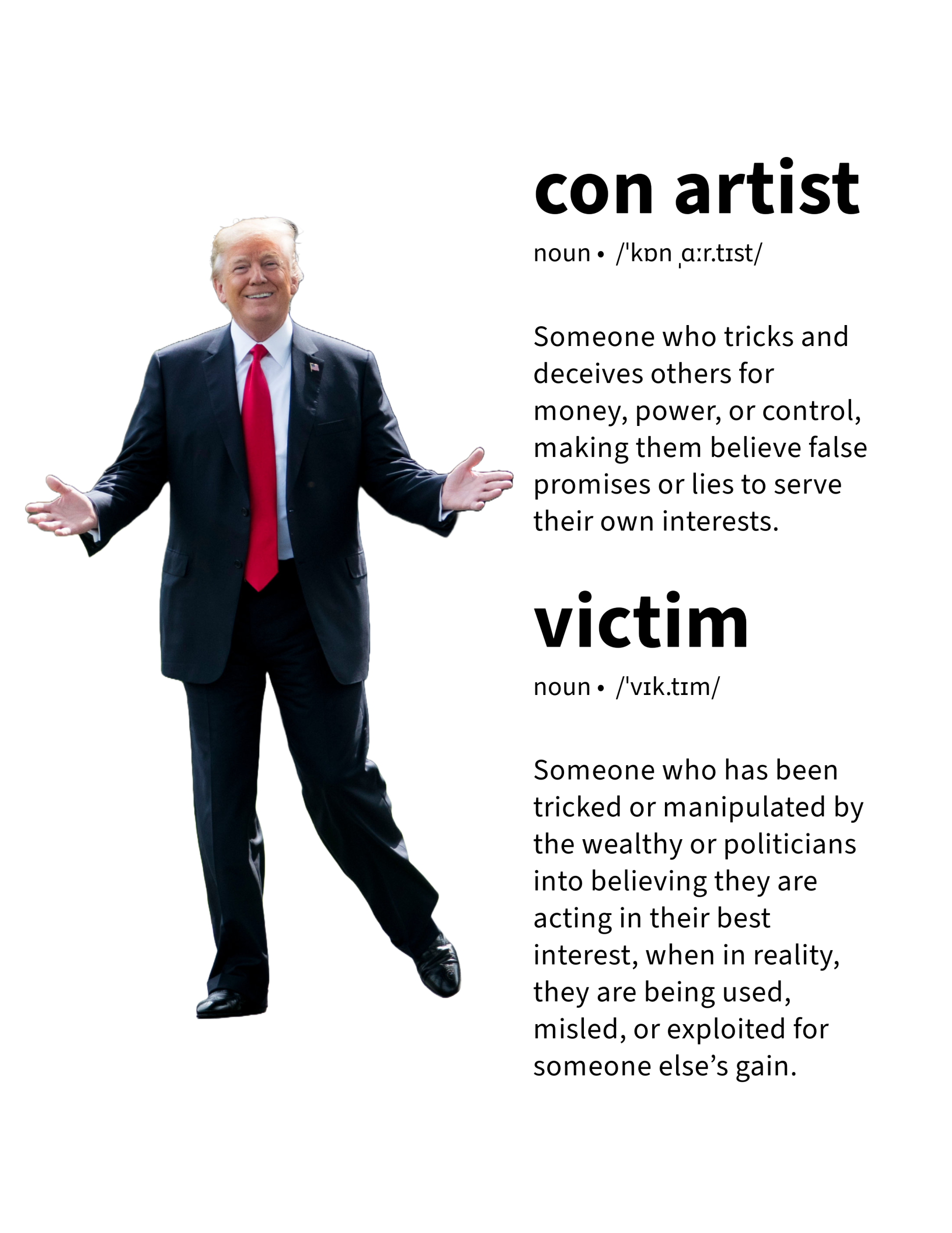 Image of Donald Trump with text defining ‘con artist’ and ‘victim,’ highlighting political manipulation and deception. A 50501 political movement message.