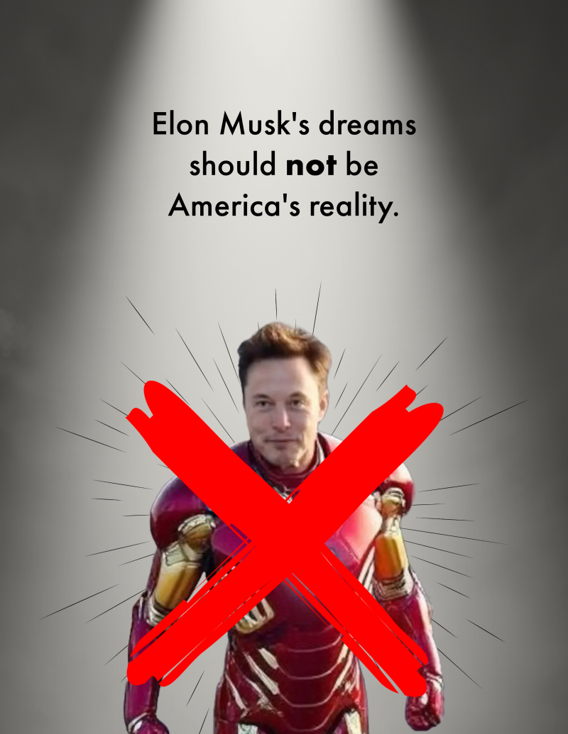 An edited image of Elon Musk in an Iron Man suit with a large red ‘X’ over him. The text above reads, ‘Elon Musk’s dreams should not be America’s reality.’ A visual from the 50501 political movement opposing billionaire influence over the country’s future.