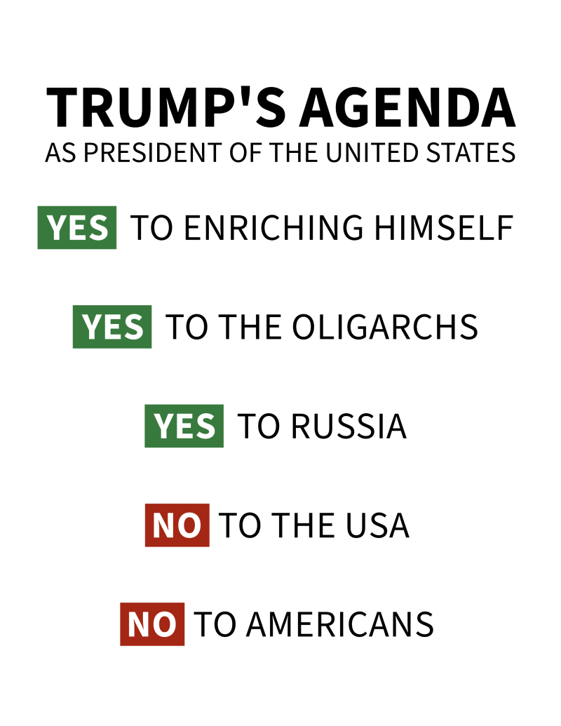 A political infographic titled ‘Trump’s Agenda as President of the United States.’ The list includes ‘YES’ in green to enriching himself, the oligarchs, and Russia, while ‘NO’ in red is assigned to the USA and Americans.