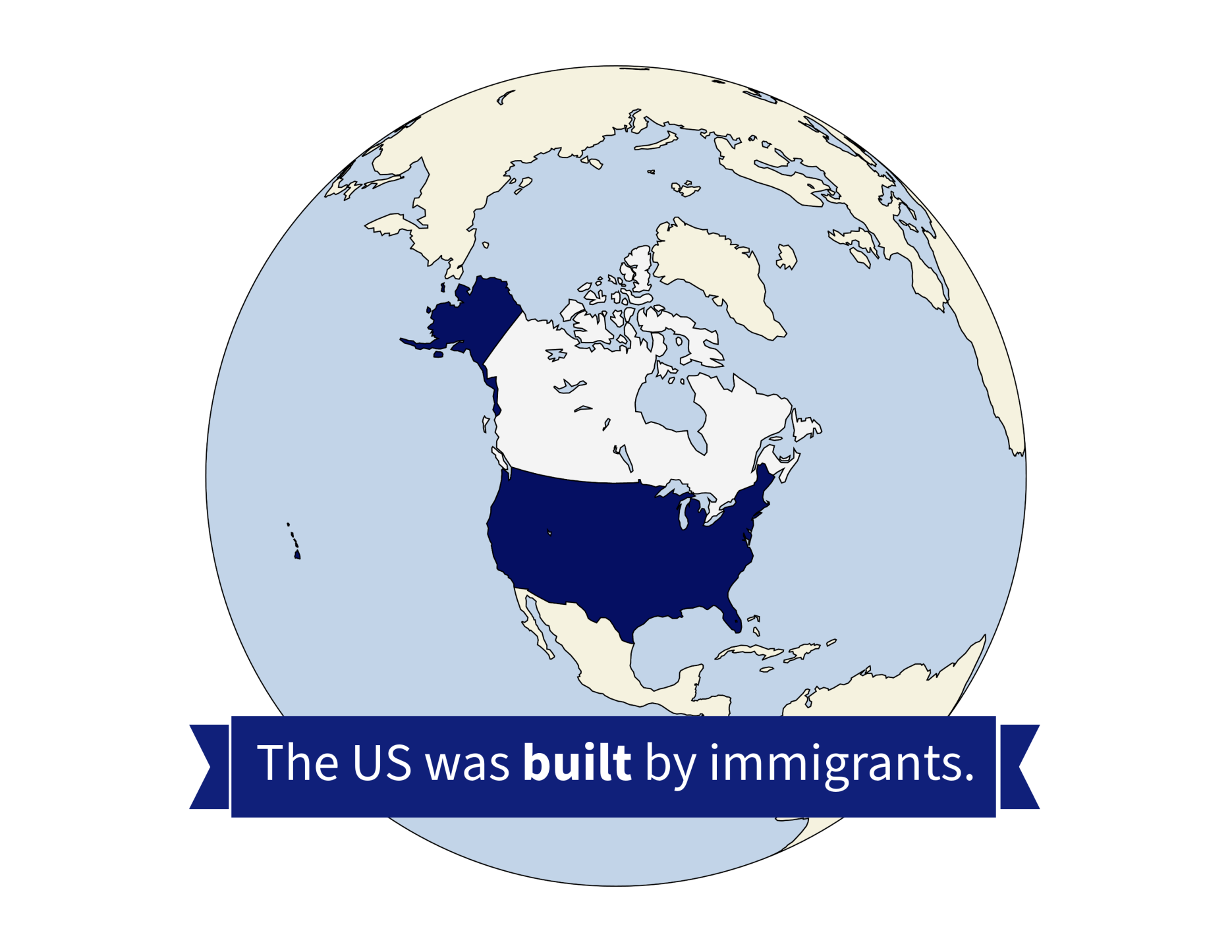 A globe highlighting the United States in dark blue with a banner stating, ‘The US was built by immigrants.’ A message tied to the 50501 political movement advocating for immigrant rights and contributions.