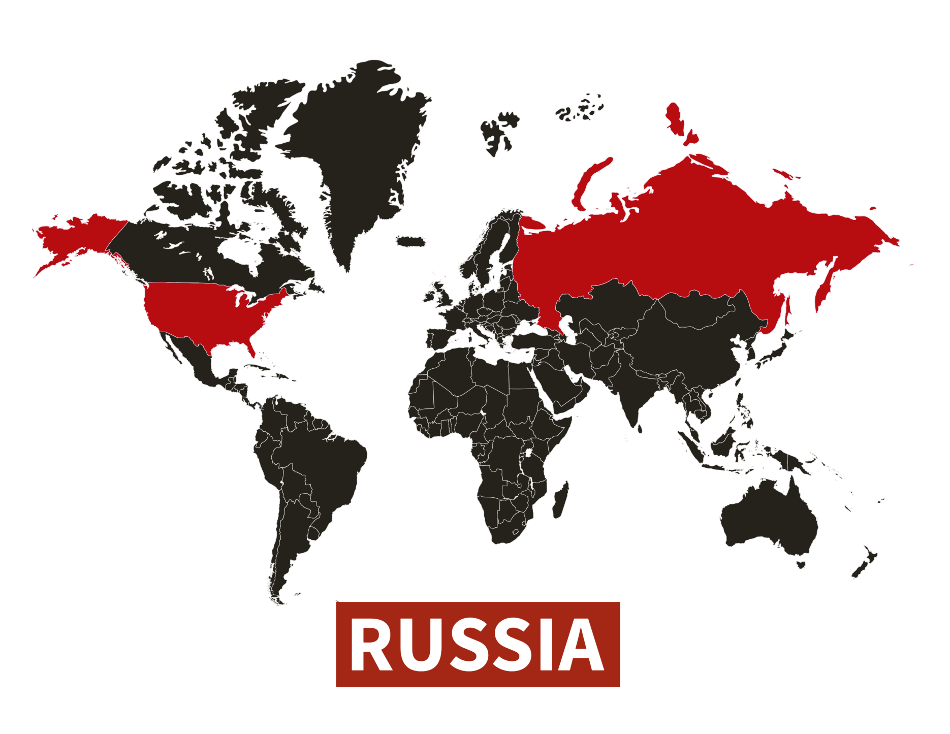 A world map with Russia, the United States, and Alaska highlighted in red, while the rest of the countries are in black. Below the map, the word “RUSSIA” is prominently displayed in bold white letters on a red background, implying that the U.S. is no longer a sovereign state but part of Russia due to current political events, particularly the Trump administration’s positive focus on Russia.