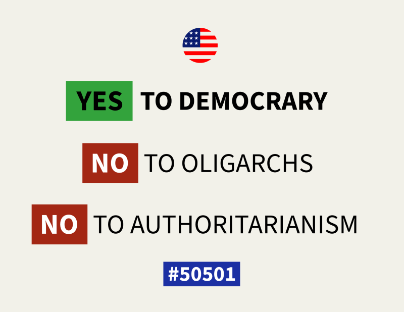 A political graphic with a light beige background displaying a small American flag at the top. The bold text reads: ‘YES to democracy’ in green, ‘NO to oligarchs’ in red, and ‘NO to authoritarianism’ in red. A blue box at the bottom contains the number ‘#50501’.